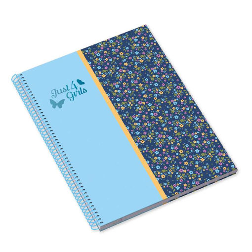 Picture of JUST4GIRLS BLUE/FLOWERS A4 SPIRAL NOTEBOOK 80 SHEETS
